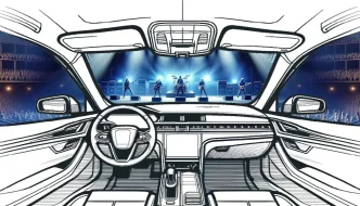 The inside of a car with a band playing on a stage through the front window