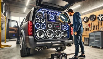 A man looking at various car audio speakers, amplifiers and equipment in the back of a van