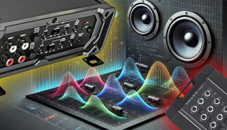 A mixture of various car audio speakers, devices and sound graphs