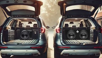 Two SUV's with their trunks open- One has two subwoofers in the back, and the other has only one